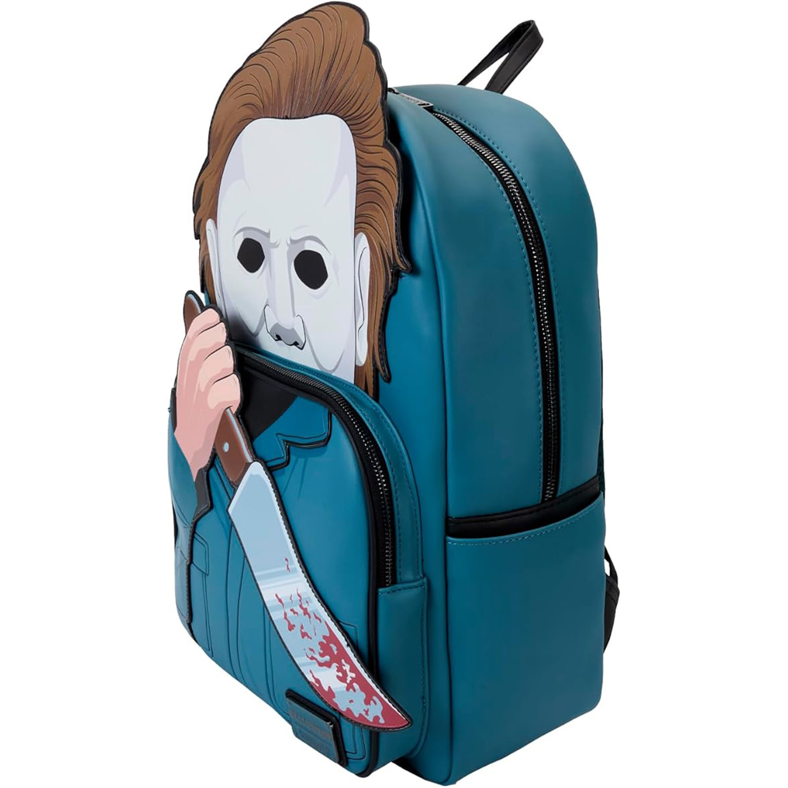 Michael Myers Rucksack. Blau, mit Maske und Messer, weißer Hintergrund.