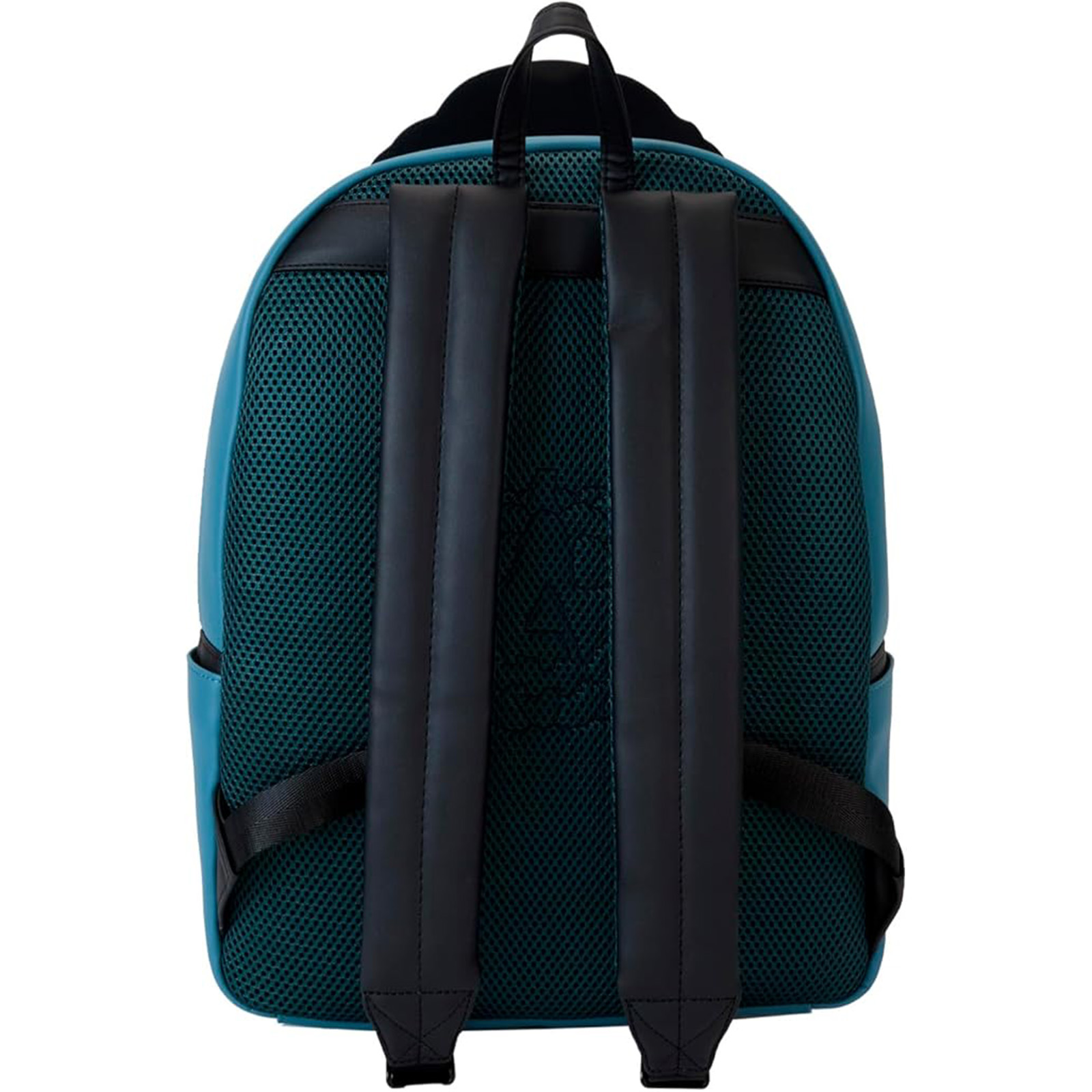 Türkisfarbener Rucksack mit schwarzen Trägern, Mesh-Rücken.