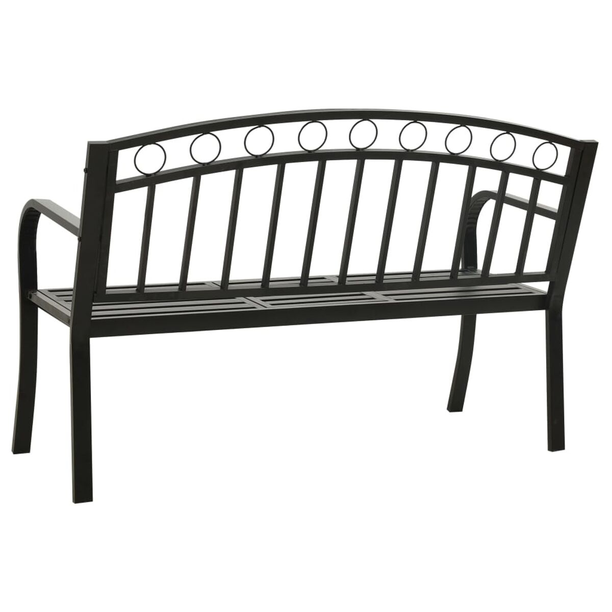 Panca da parco nera su sfondo bianco. La panca ha una parte superiore curva. Design semplice, sfondo bianco.