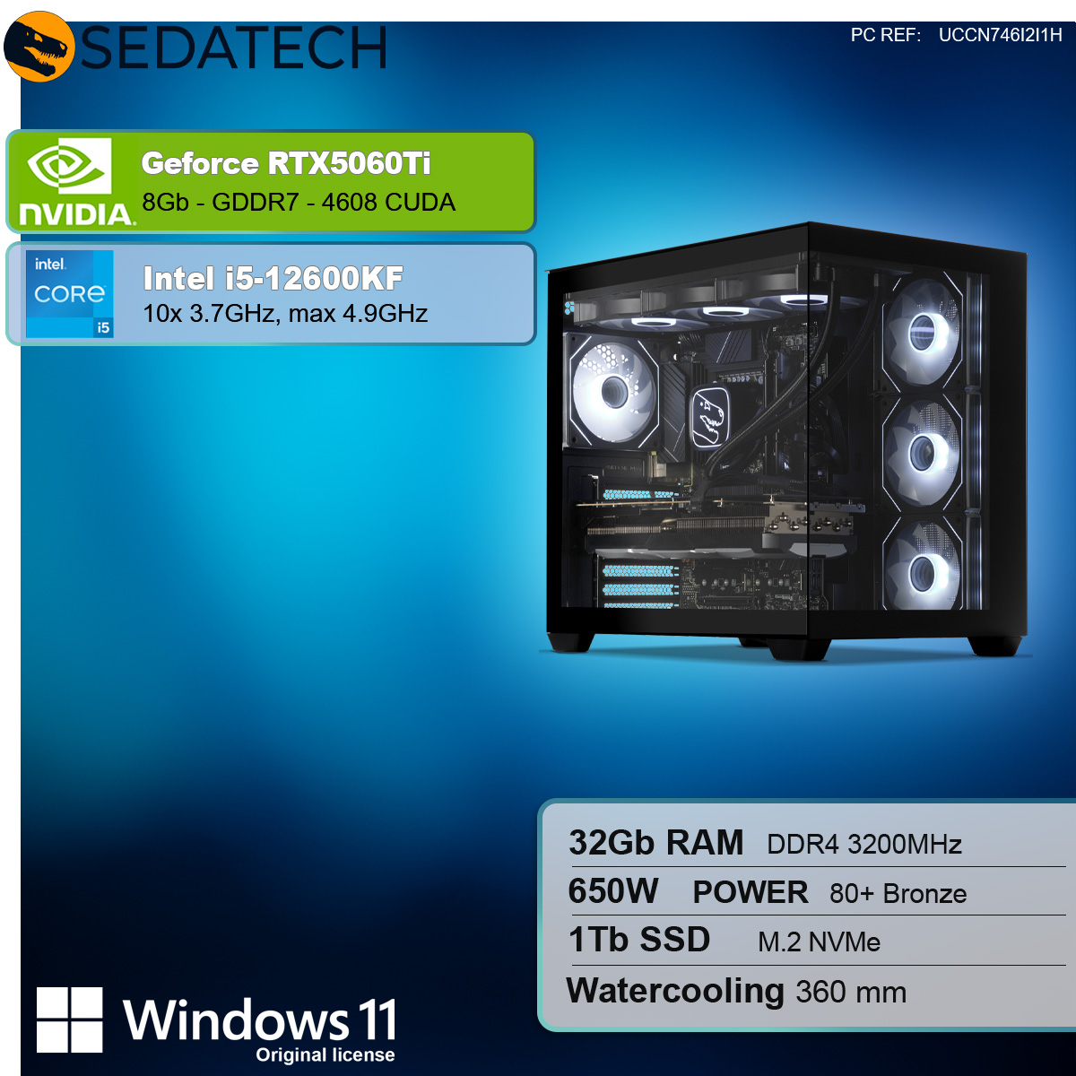 Czarna obudowa komputera z komponentami w środku i panelem informacyjnym.