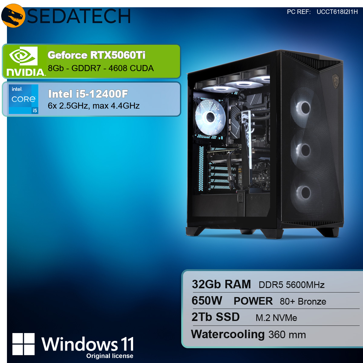 Un PC da gioco nero con componenti interni visibili, con etichette delle specifiche.