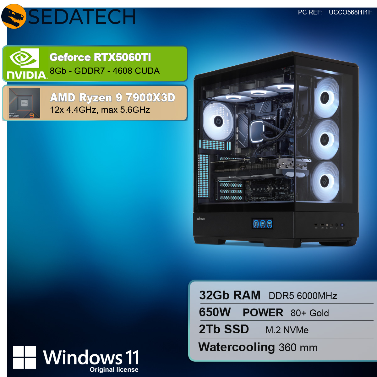 Un case per computer con componenti visibili, tra cui un water cooler e più ventole. Il case è nero.