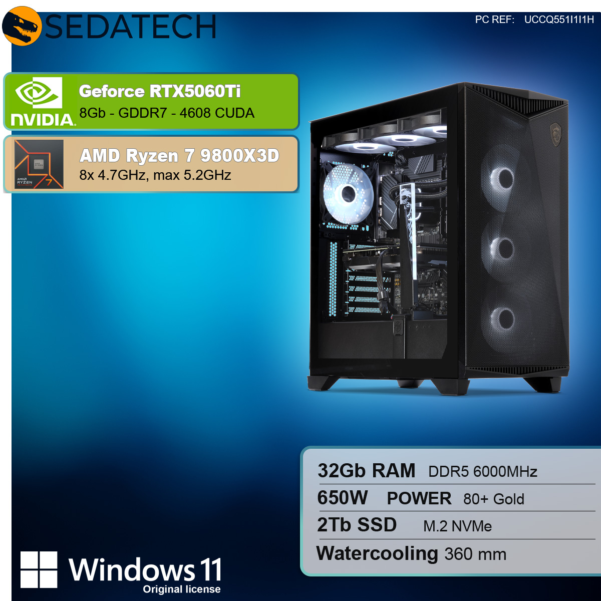 Schwarzes Computergehäuse mit internen Komponenten. Text enthält NVIDIA und AMD.