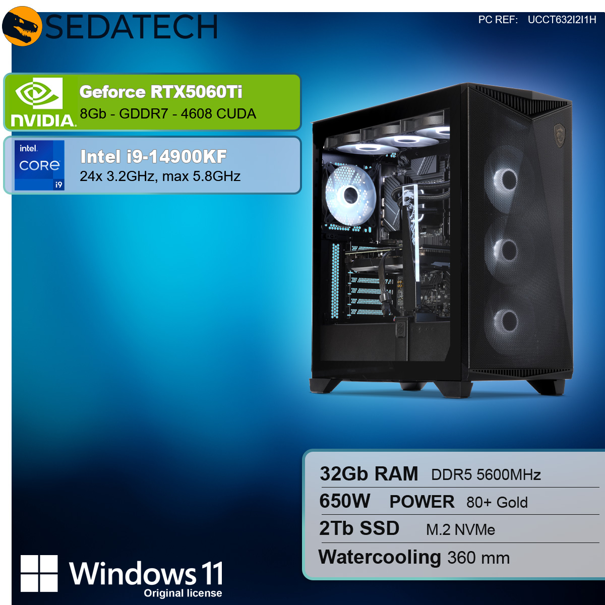 PC gaming nero con NVIDIA GeForce RTX 5060 Ti, Intel i9-14900KF, 32GB RAM, 2TB SSD e raffreddamento a liquido.