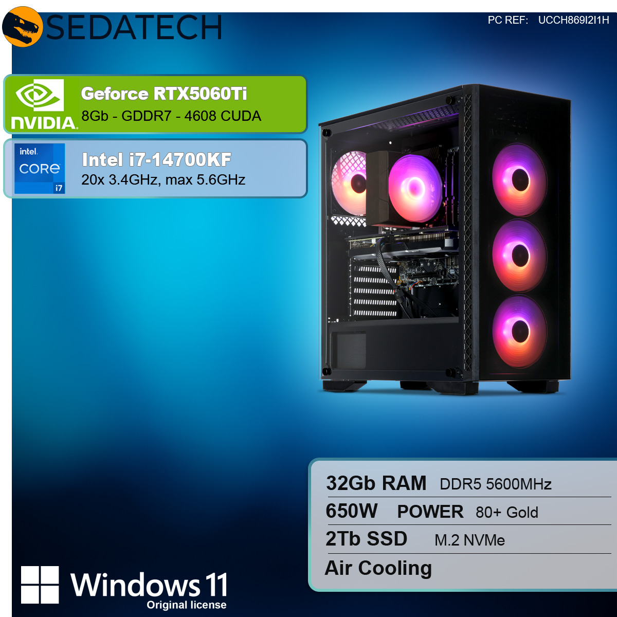 Obudowa komputera z komponentami. Pokazuje NVIDIA GeForce RTX 5060Ti, Intel i7-14700KF i Windows 11.