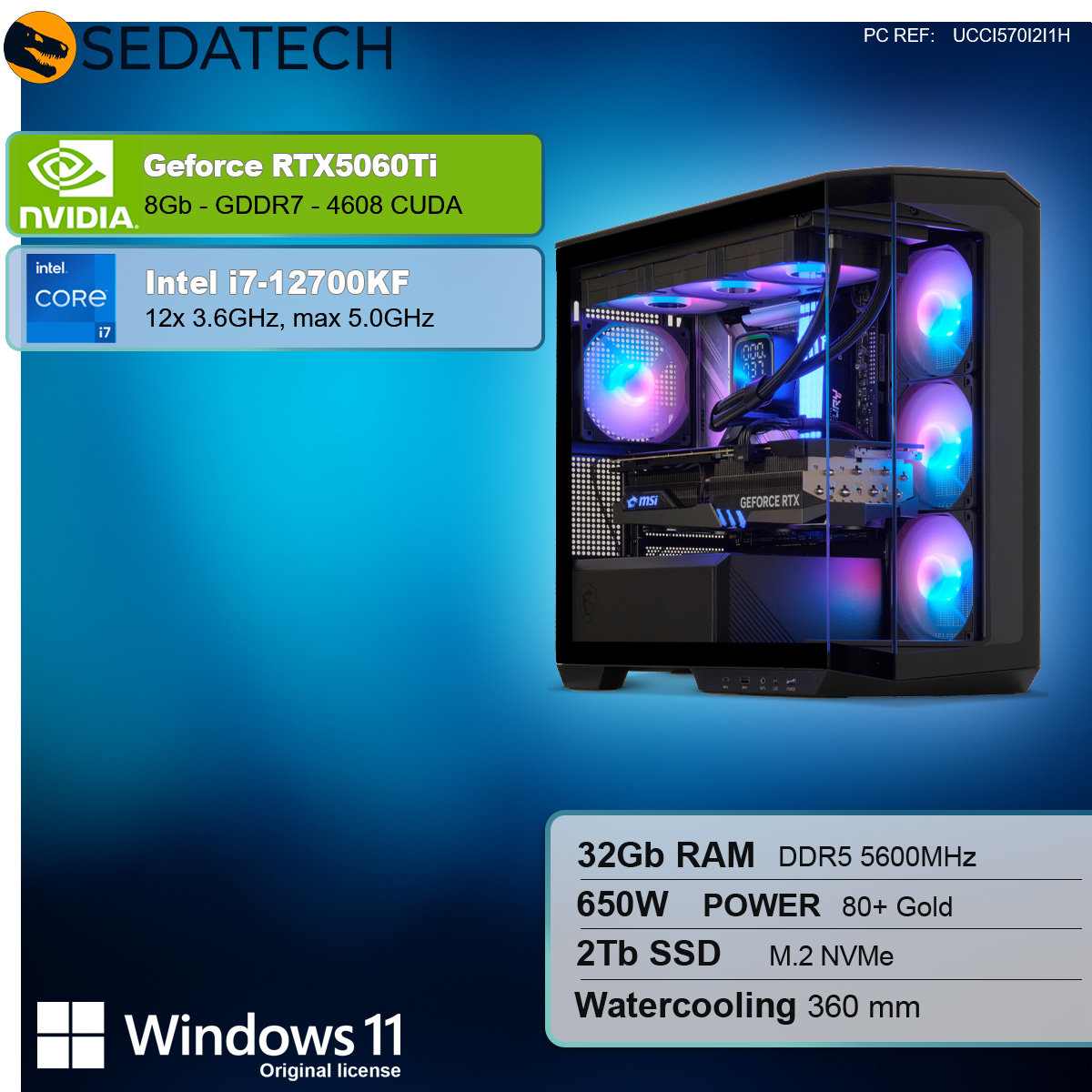 PC da gioco all'interno di una teca di vetro con luci a LED. Schede informative sullo sfondo. Sfondo bianco.
