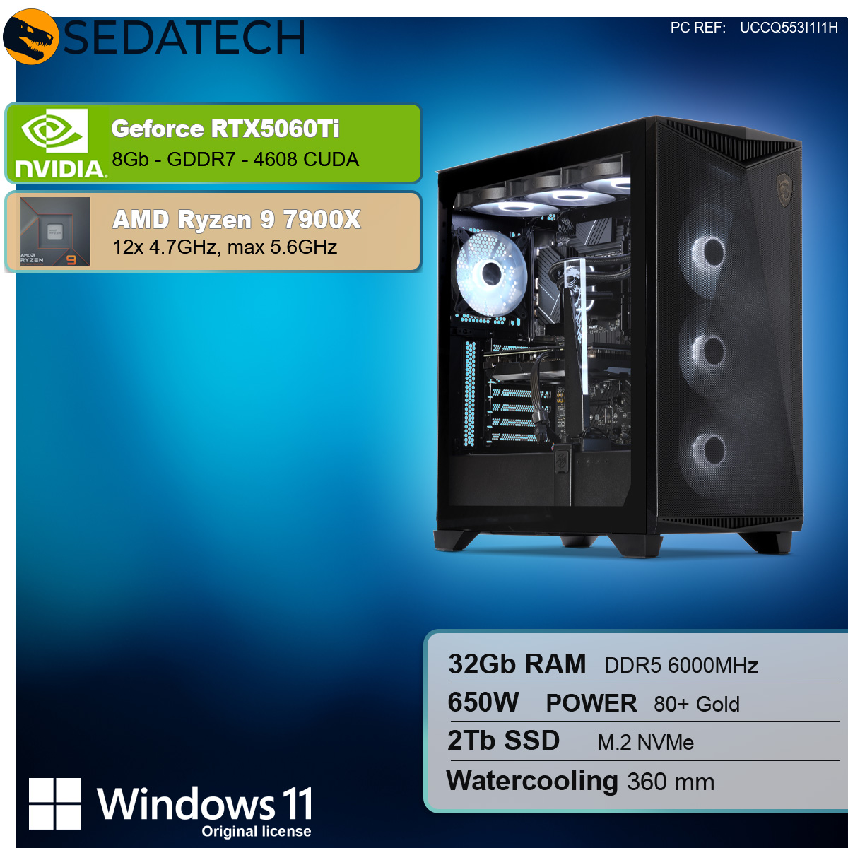 Torre del computer con componenti e testo che descrive le specifiche: RTX 5060 Ti, Ryzen 9 7900X, 32GB RAM, ecc.