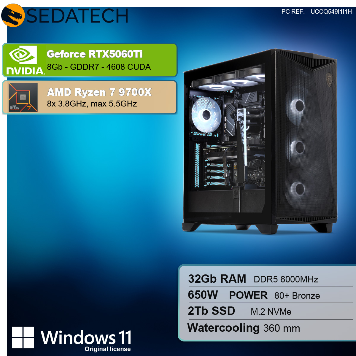 Un case per computer nero con testo e molte informazioni sui componenti del computer.