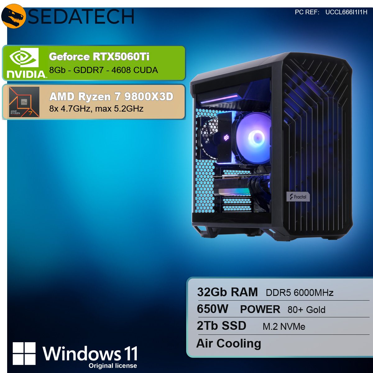 Schwarzes PC-Gehäuse mit internen Komponenten. Textlabels: Nvidia, AMD, Windows. Spezifikationen unten.