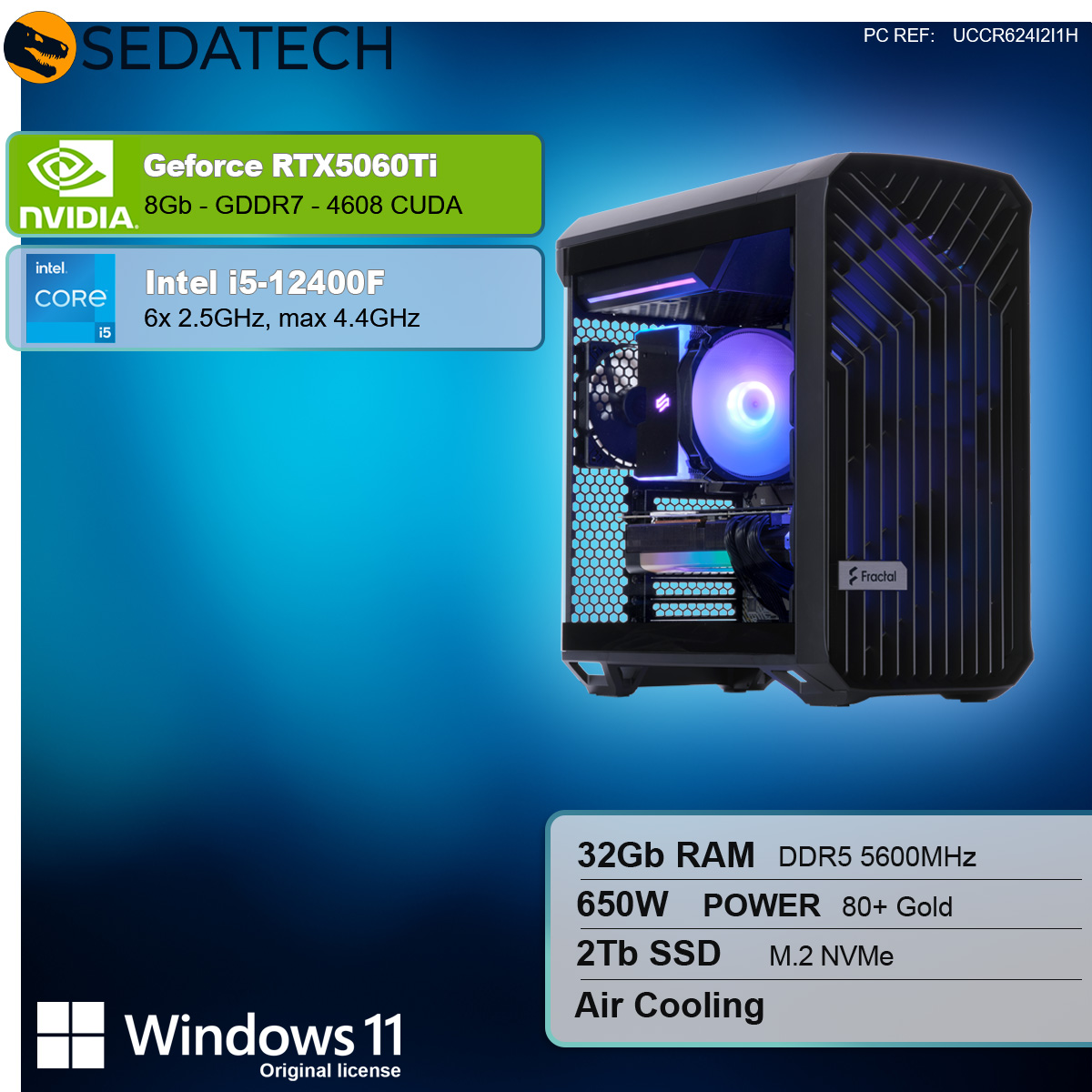 Case computer con Nvidia RTX 5060Ti, Intel i5-12400F. Windows 11, RAM e SSD.