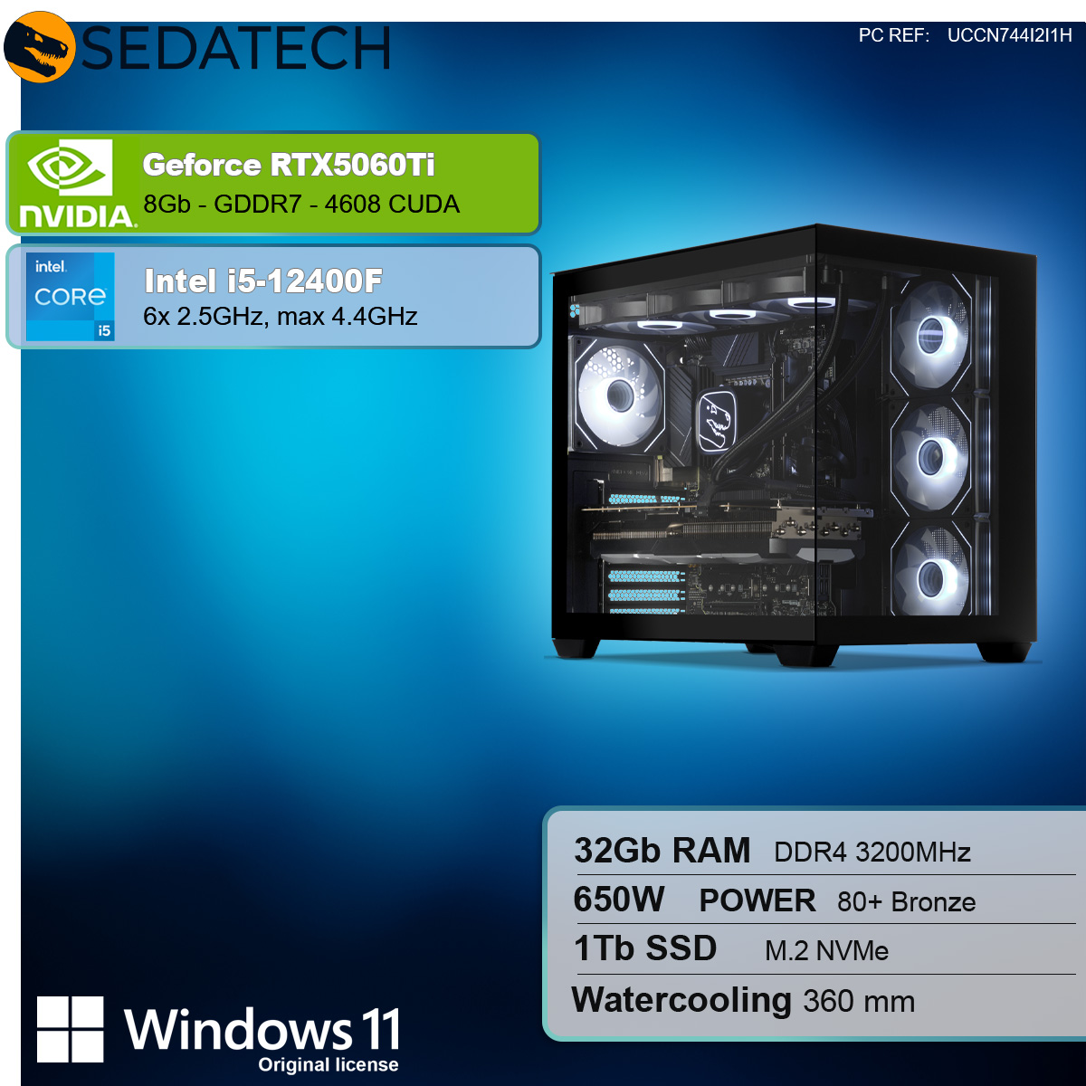 Un case PC con componenti è visualizzato. Il case è nero, con loghi NVIDIA e Intel.
