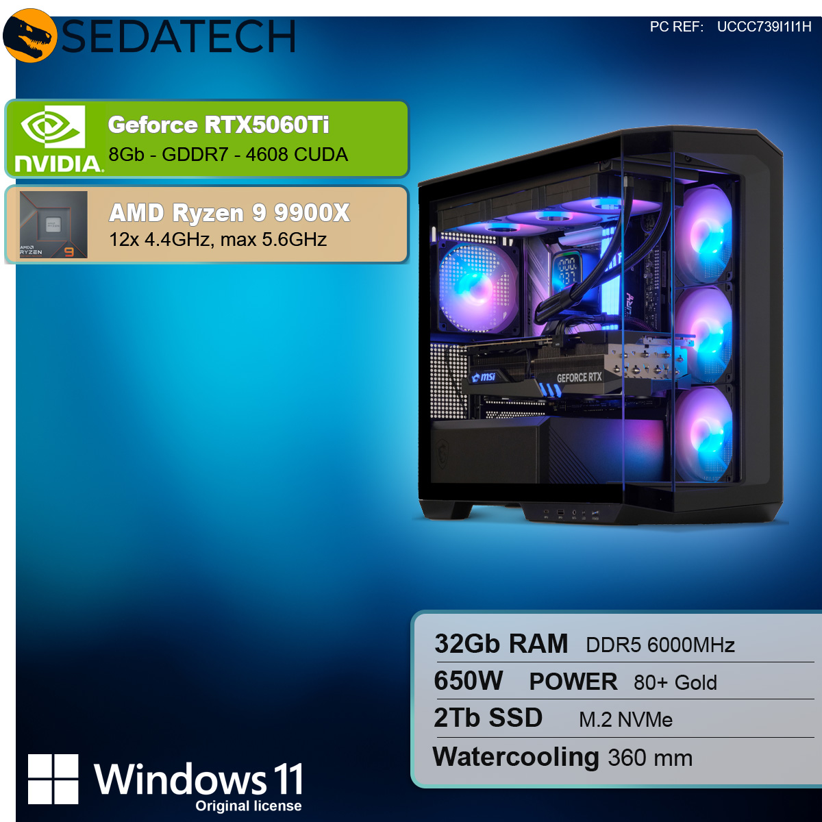 PC da gioco con scheda grafica Nvidia e processore AMD Ryzen. Specifiche elencate. Case nero con luci.