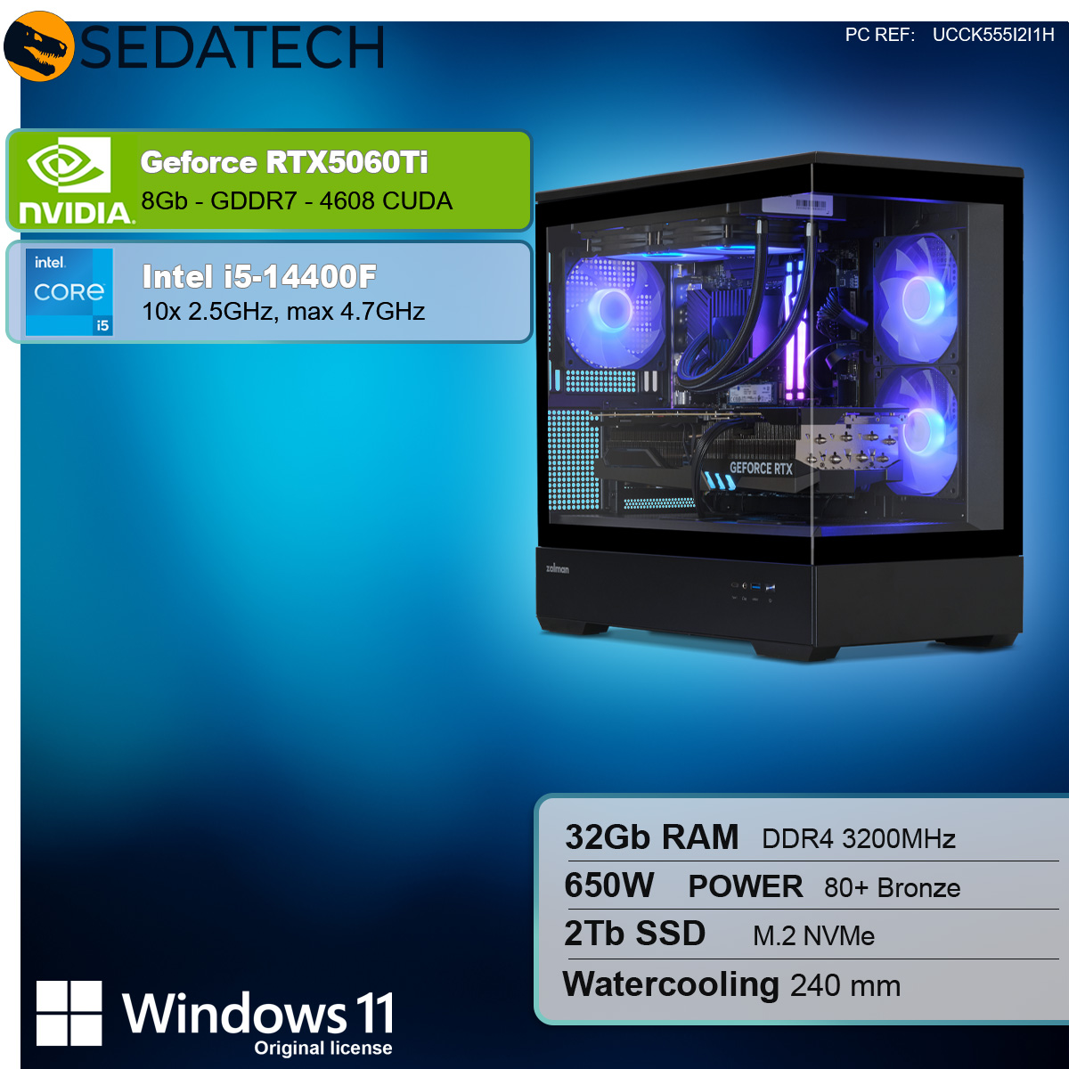 Gaming-PC mit LED-Beleuchtung, Komponenten beschriftet, Spezifikationen gelistet.
