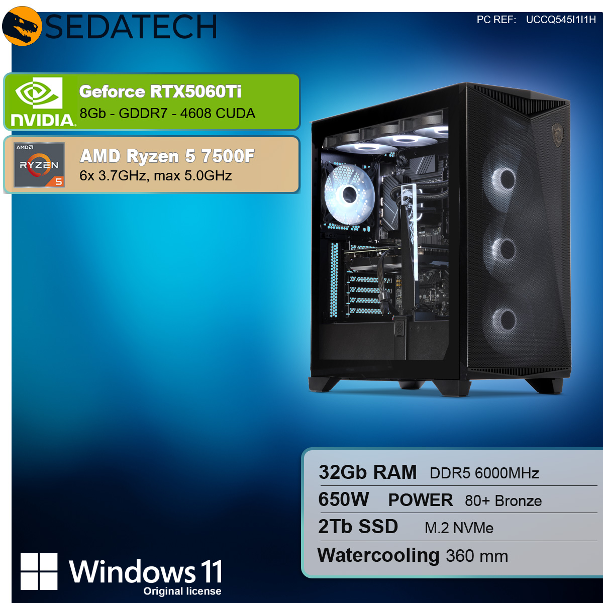 Schwarzes Computergehäuse, offen. Komponenten: Nvidia, AMD, Ryzen 5, 32GB RAM, 2TB SSD, Wasserkühlung.