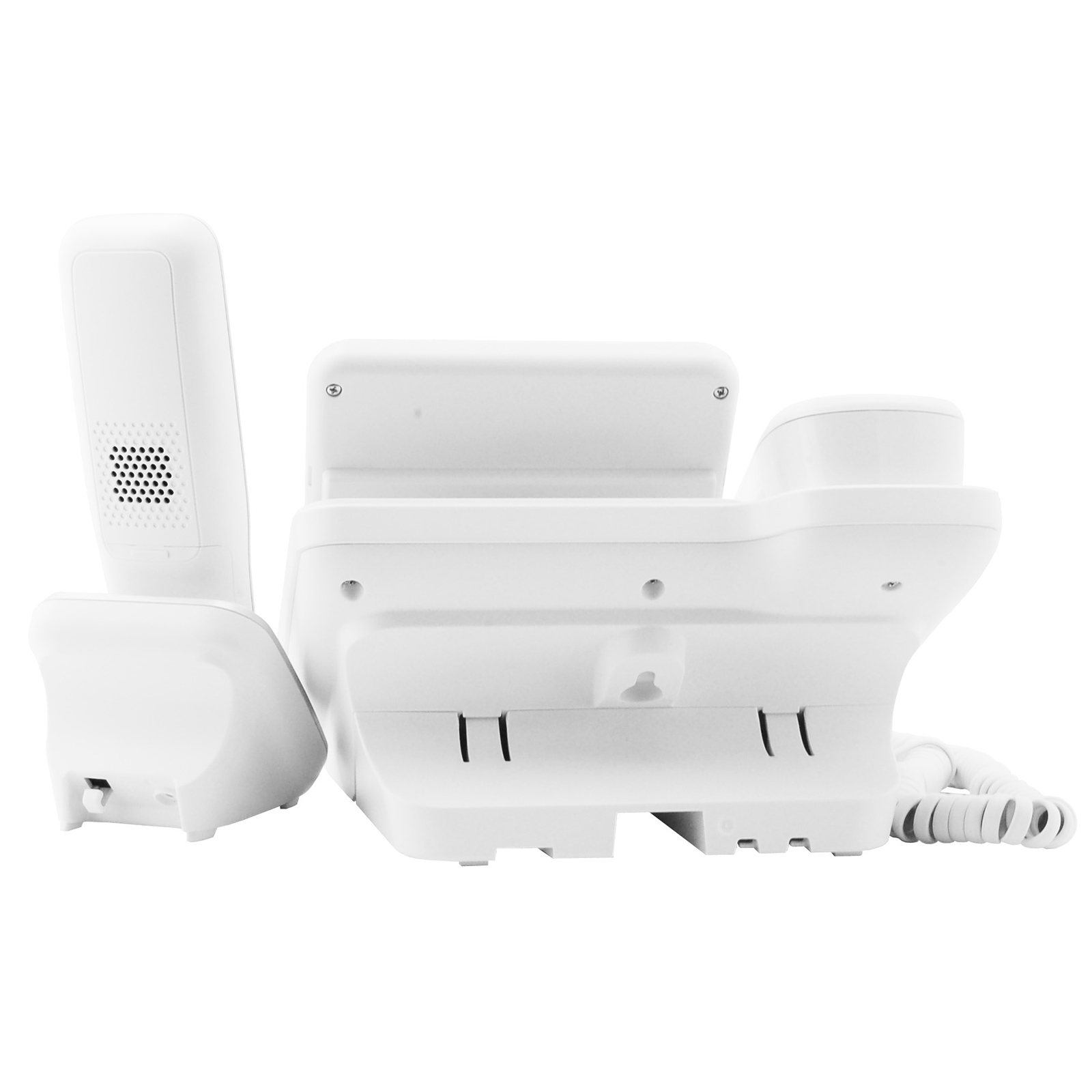 Weißes Telefonset. Drei Teile: Basis, Hörer und ein kleineres Stück.