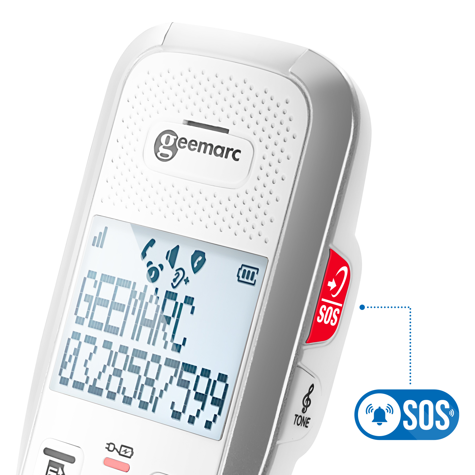 Telefono Geemarc bianco con schermo che mostra numeri e pulsante SOS. Viene mostrata un'icona a campana.