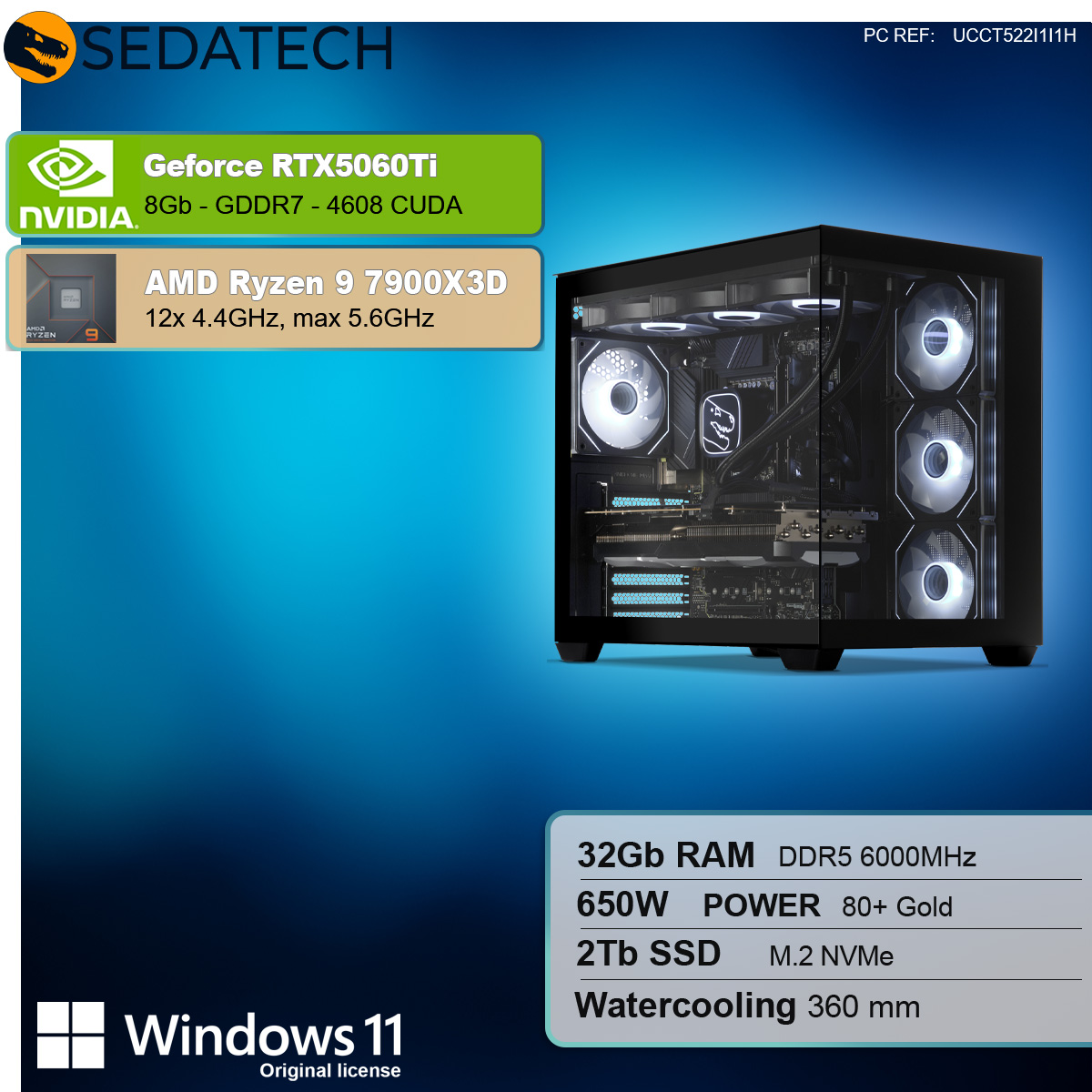Czarna obudowa komputera z wewnętrznymi komponentami. Etykiety tekstowe: Nvidia, AMD, Windows. Specyfikacje na dole, chłodzenie wodne.
