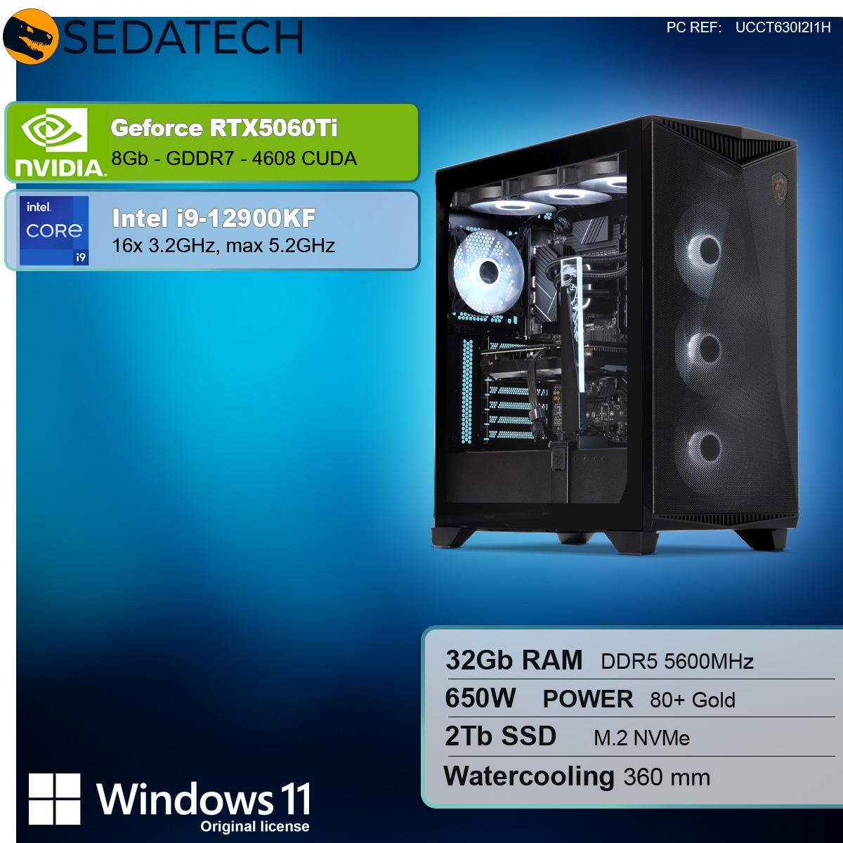 Un case per computer con componenti etichettati. Include processore i9 e scheda grafica RTX 5060 Ti.