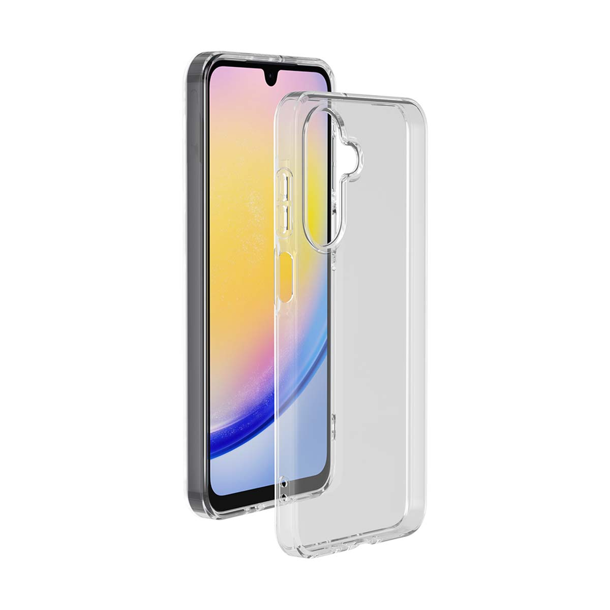 Custodia trasparente con telefono. Sfondo bianco.