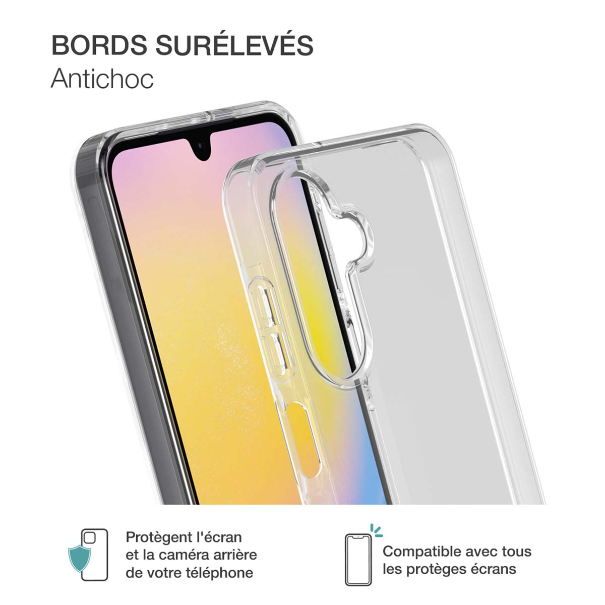 Custodia trasparente per telefono che protegge schermo e fotocamera, primo piano.