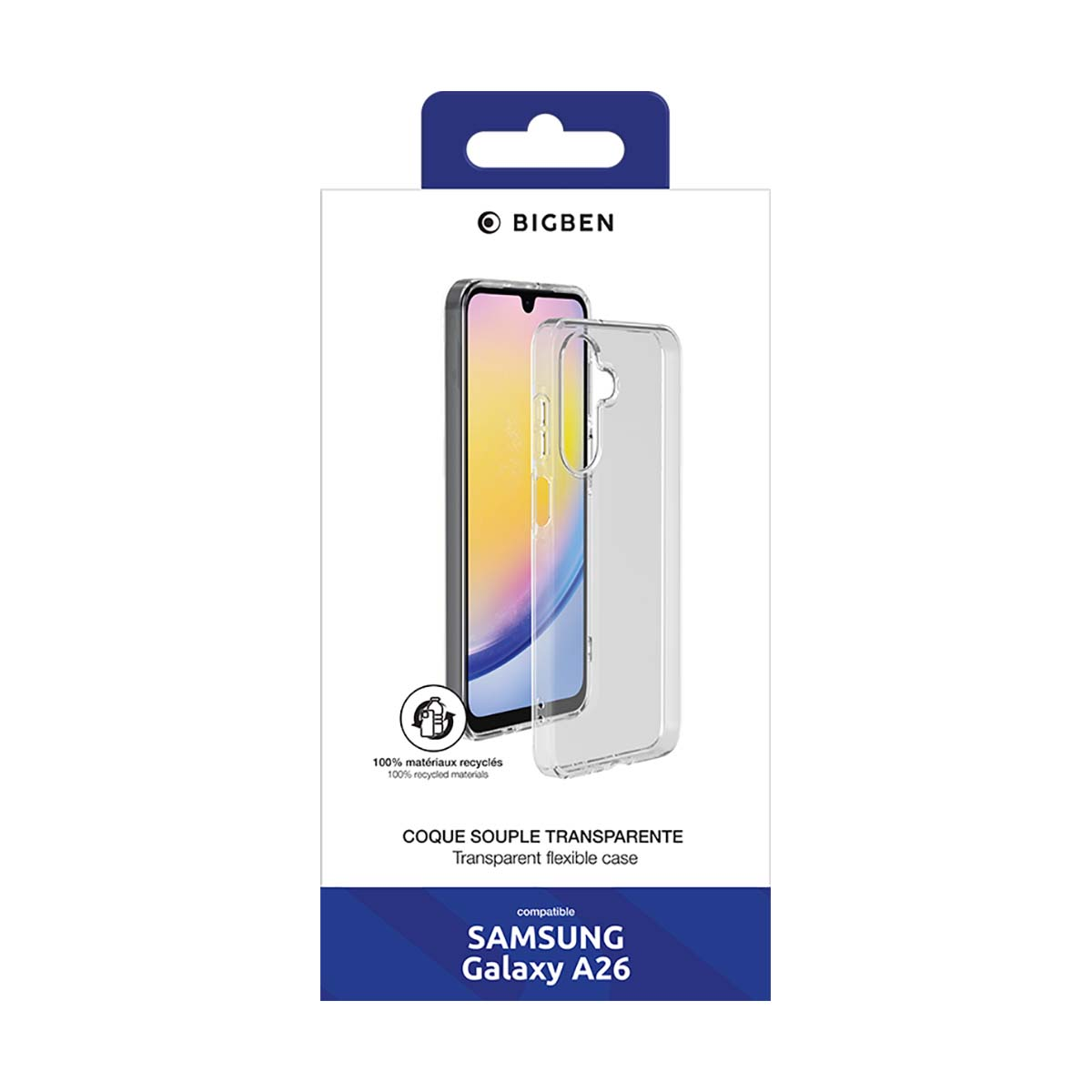 Custodia trasparente in confezione. Compatibile con Samsung Galaxy A26. Sfondo bianco.