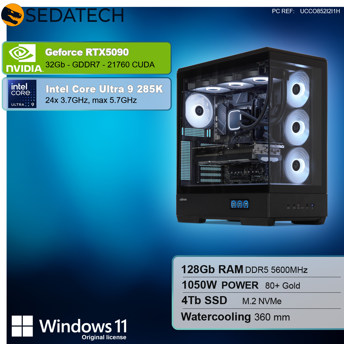 Czarna obudowa komputera ze szklanym bokiem, pokazująca podzespoły wewnętrzne z białym i niebieskim światłem.