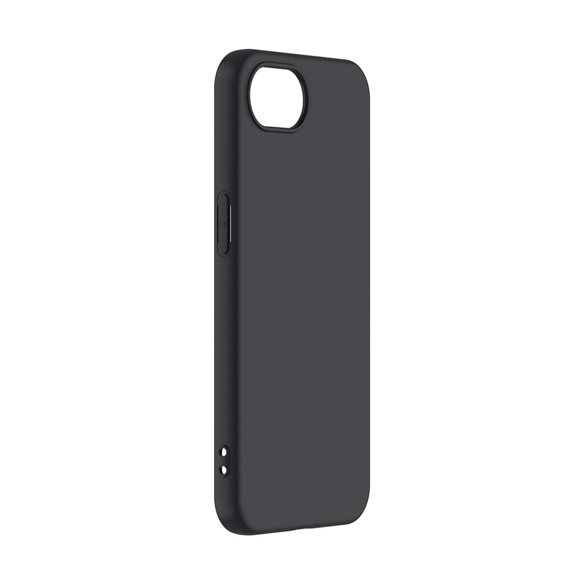 Una custodia per telefono nera, con un foro per la fotocamera, un pulsante laterale e due fori nella parte inferiore.