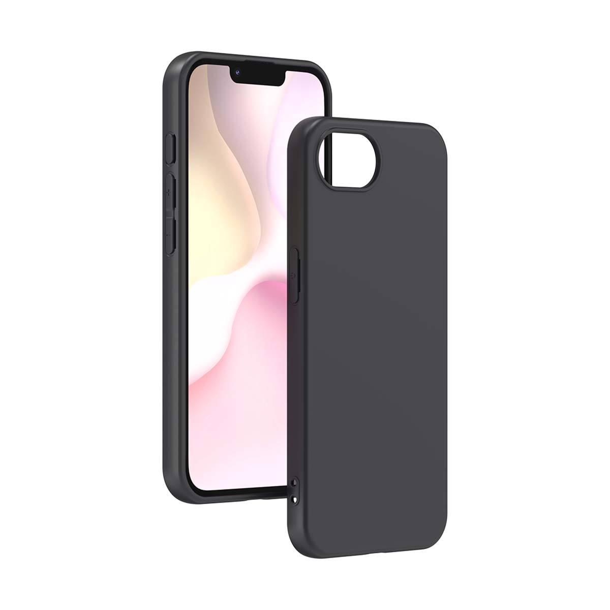 iPhone nero accanto a una custodia nera, che mostra lo schermo del telefono.