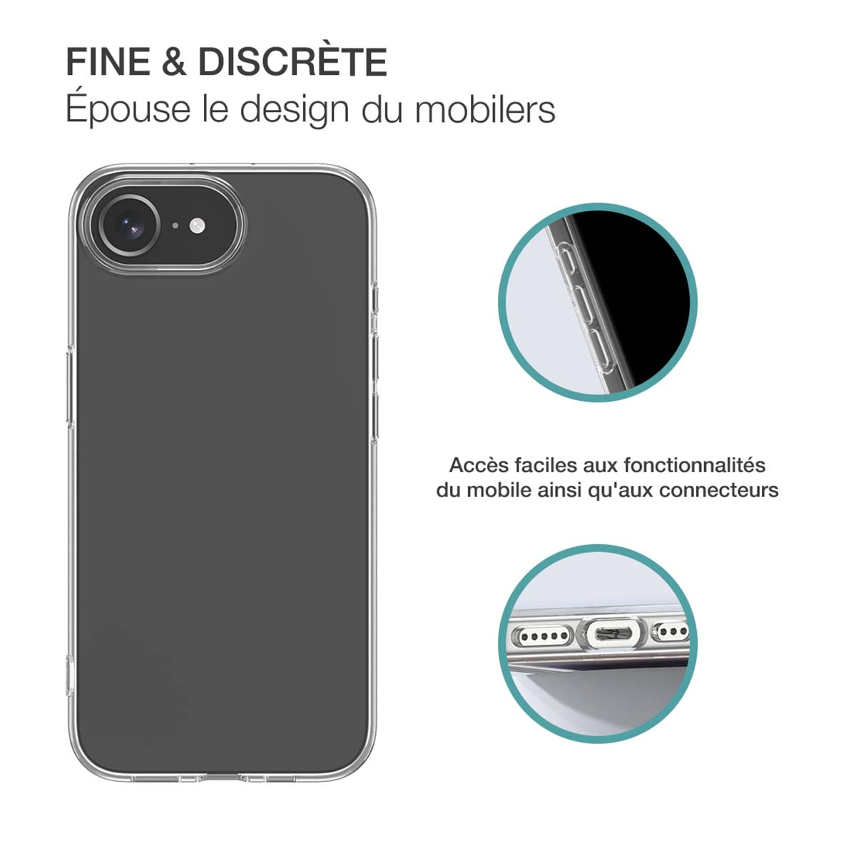 Una custodia per telefono, grigio scuro, con dettagli dei bordi e del ritaglio della fotocamera.