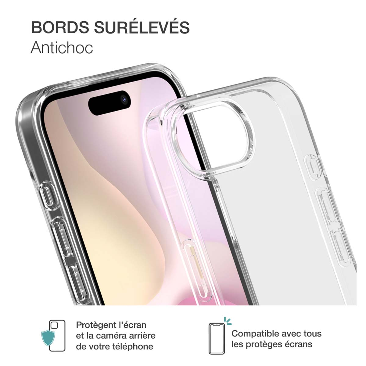 Custodia trasparente per telefono con telefono all'interno. Funzioni protettive e sfondo bianco.