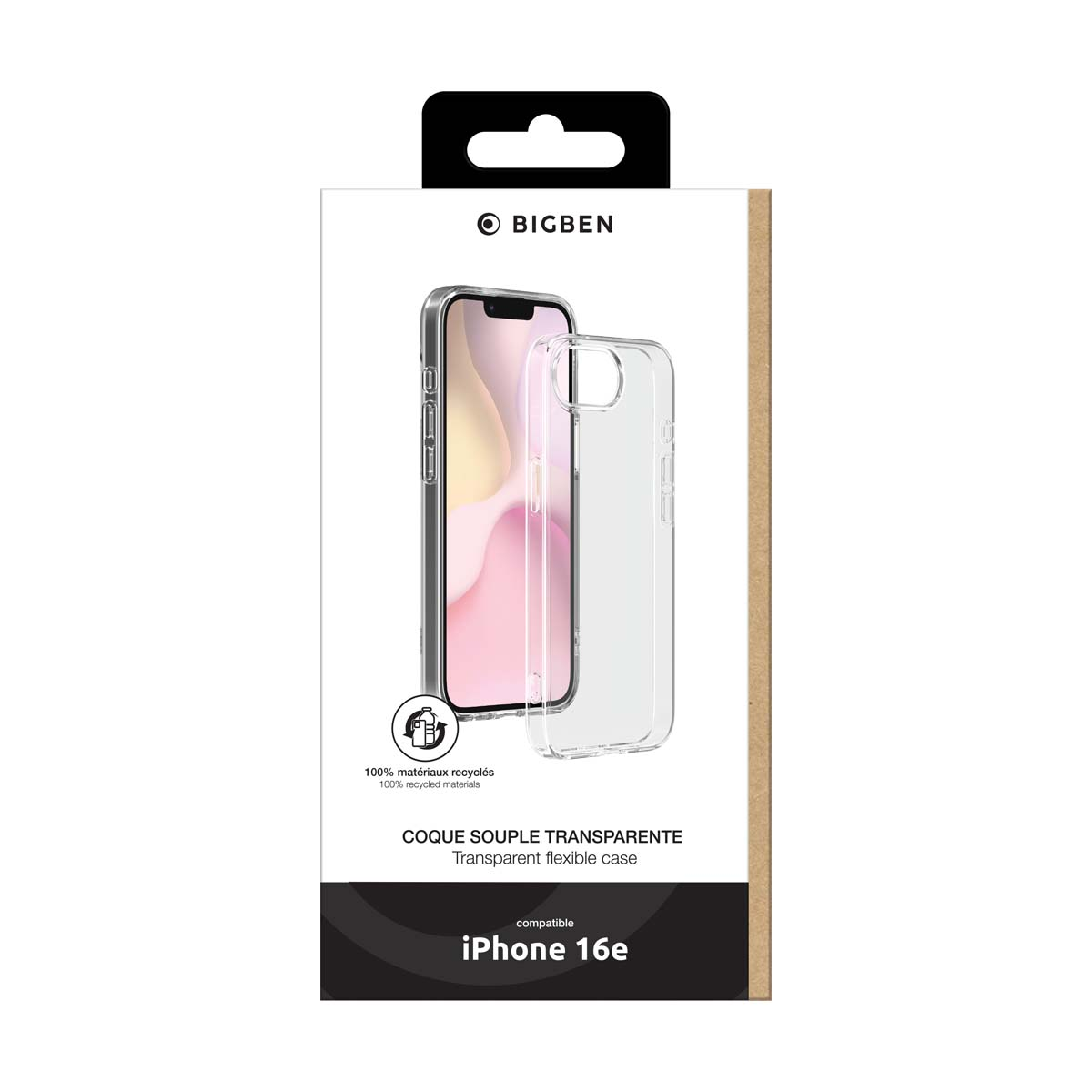 Custodia trasparente per iPhone nella confezione. Il telefono è visibile. Sono mostrati nome e logo del prodotto.