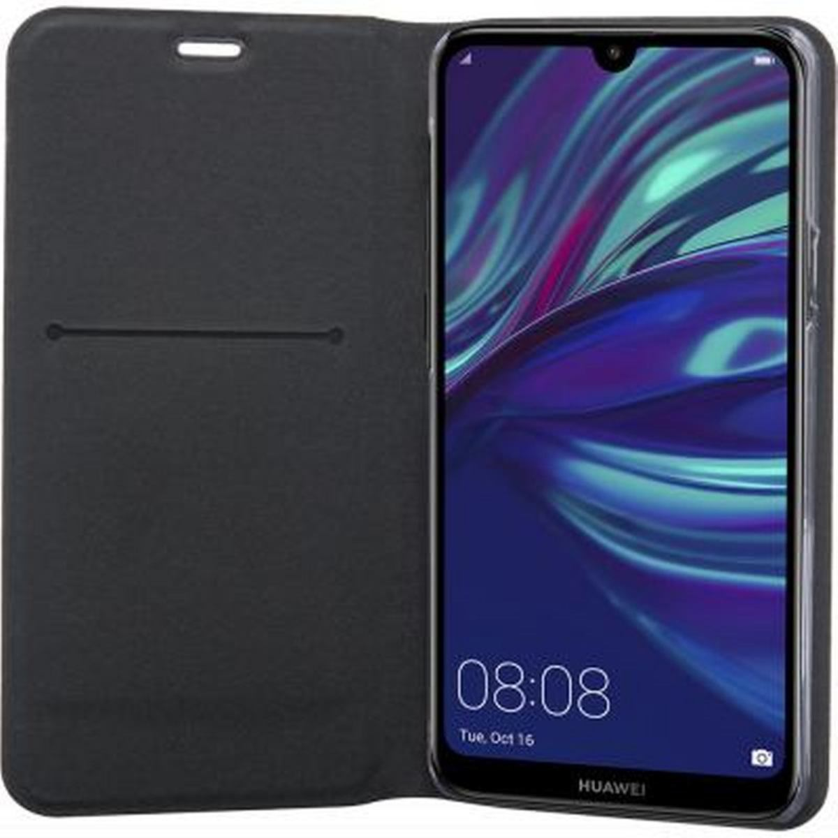 Schwarzes Telefon in einer schwarzen Hülle, zeigt eine Anzeige mit Uhrzeit und Datum.