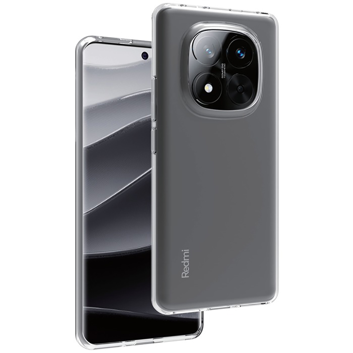 Custodia trasparente per telefono con un telefono all'interno, con tre lenti della fotocamera.