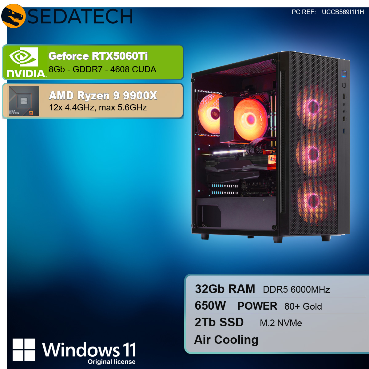 PC da gioco con pannello in vetro, componenti e luci rosse. Etichette Nvidia e AMD visibili.