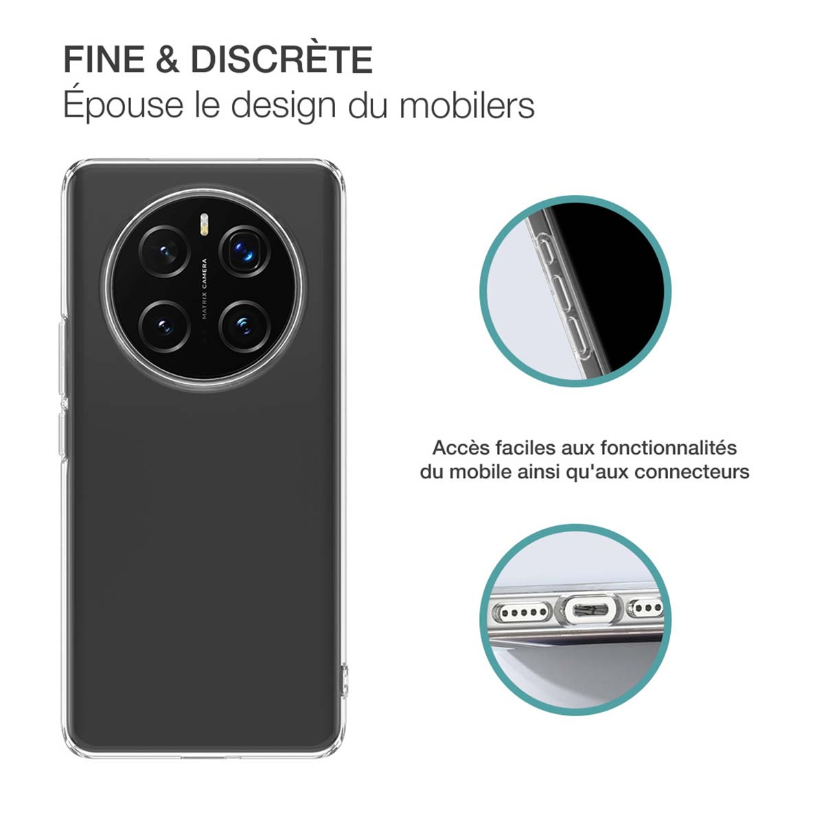 Una funda transparente en un teléfono, detalles de la cámara y botones.