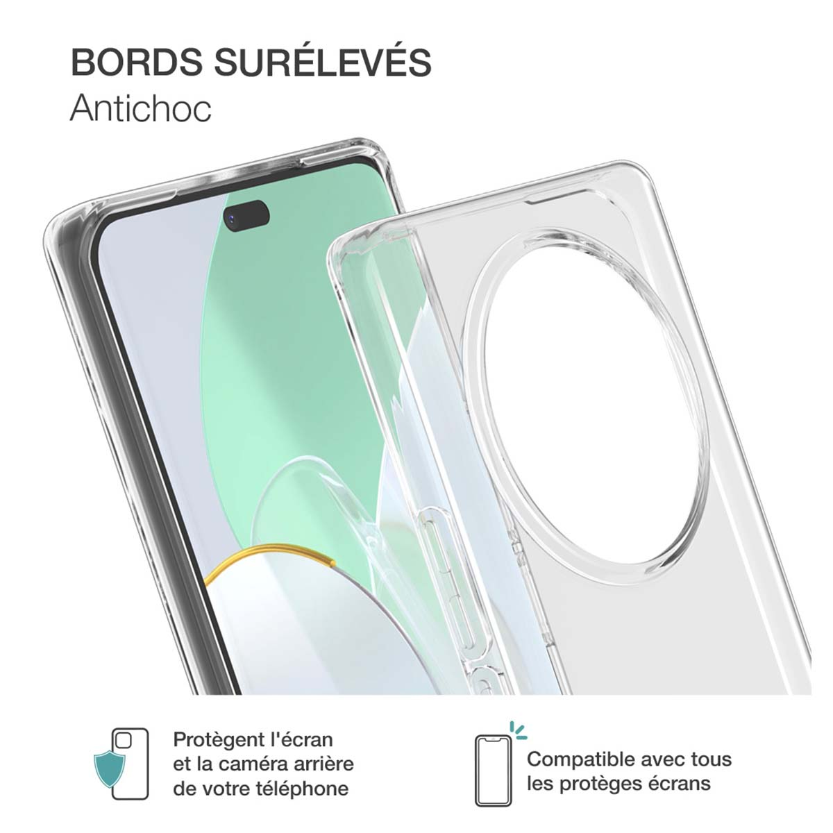Funda transparente para teléfono con un teléfono dentro. Con recorte de cámara y texto.