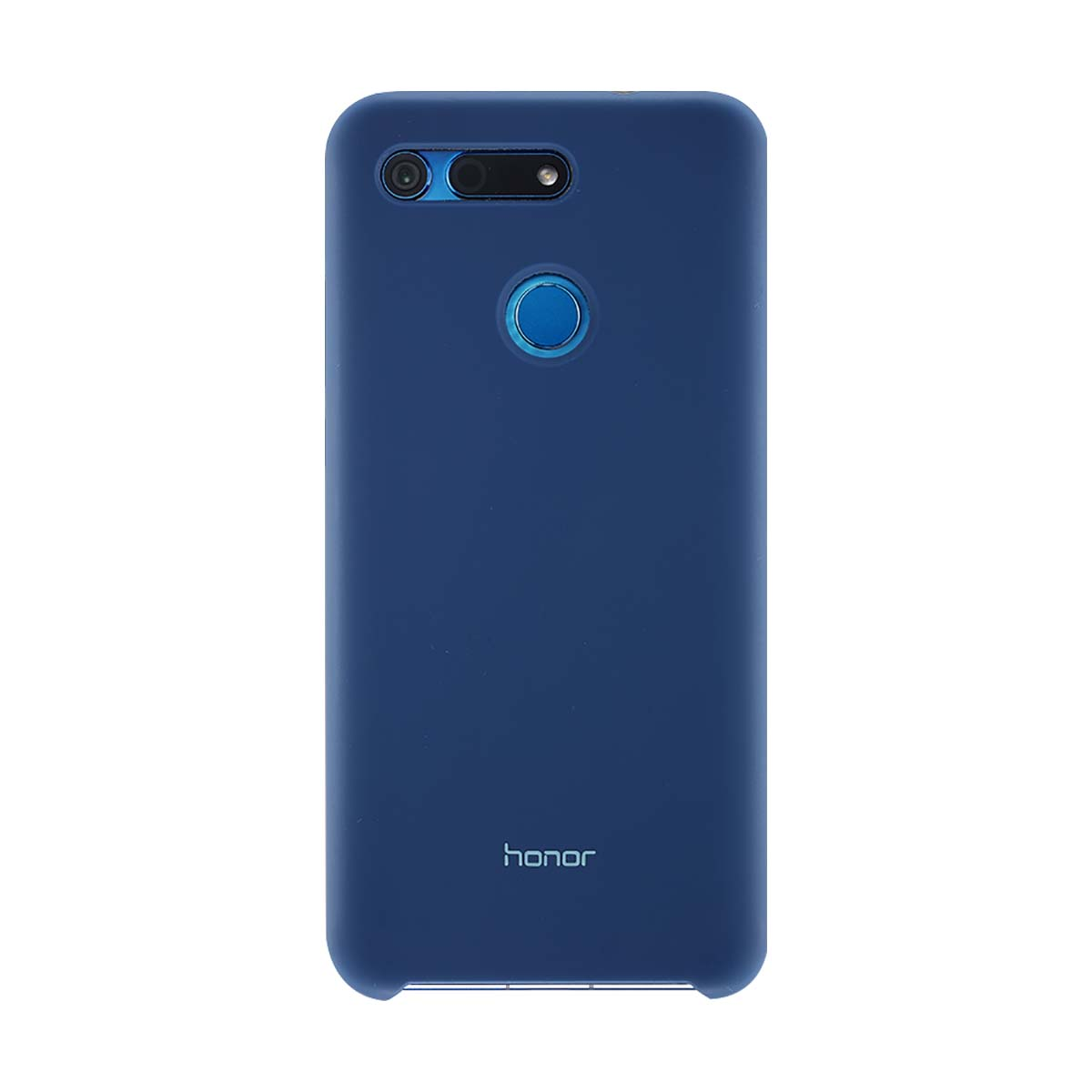 Custodia blu per telefono Honor con fotocamera e sensore di impronte digitali.