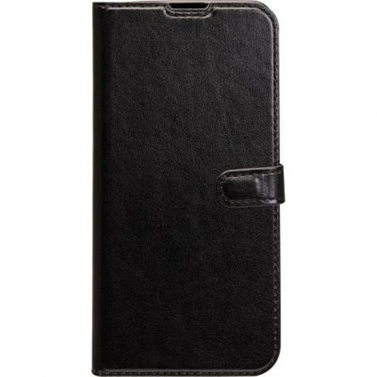 Una custodia per telefono in pelle nera. Ha una chiusura a patta magnetica.