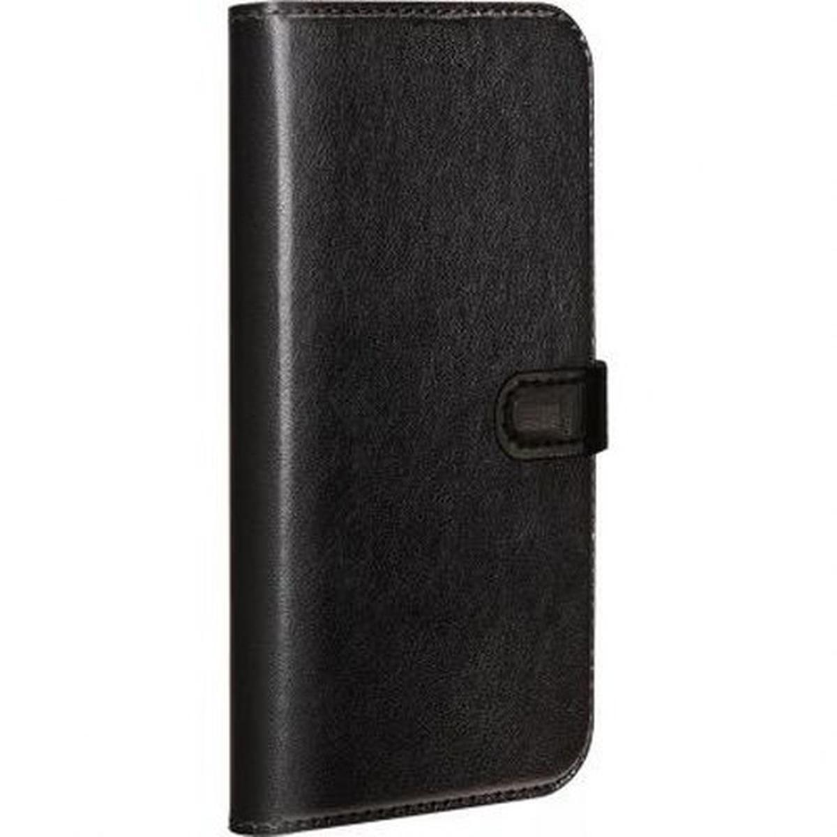 Una semplice custodia per telefono in pelle nera, con cinturino di chiusura magnetico.