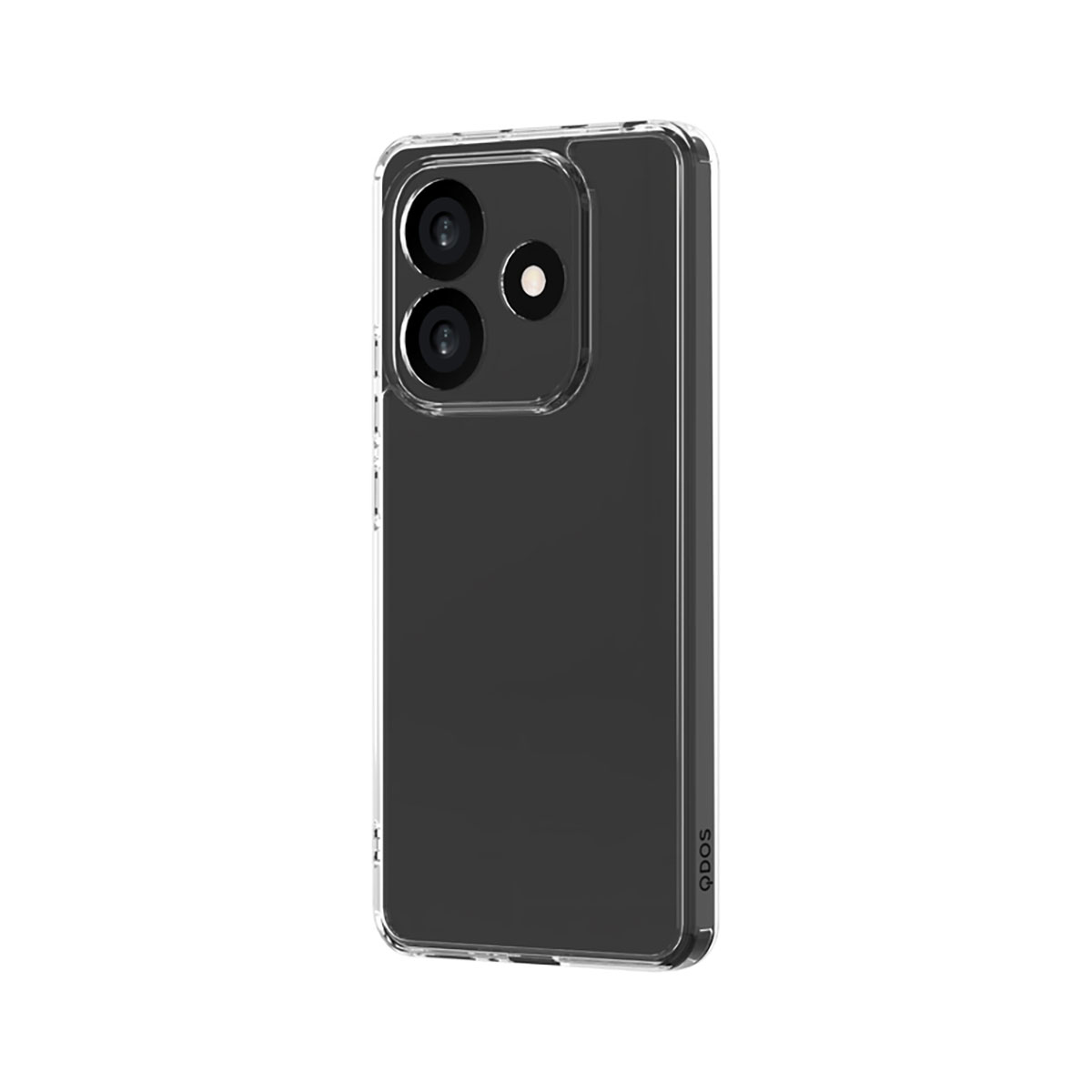 Telefono nero con custodia trasparente. Ha modulo fotocamera con lenti sul retro.