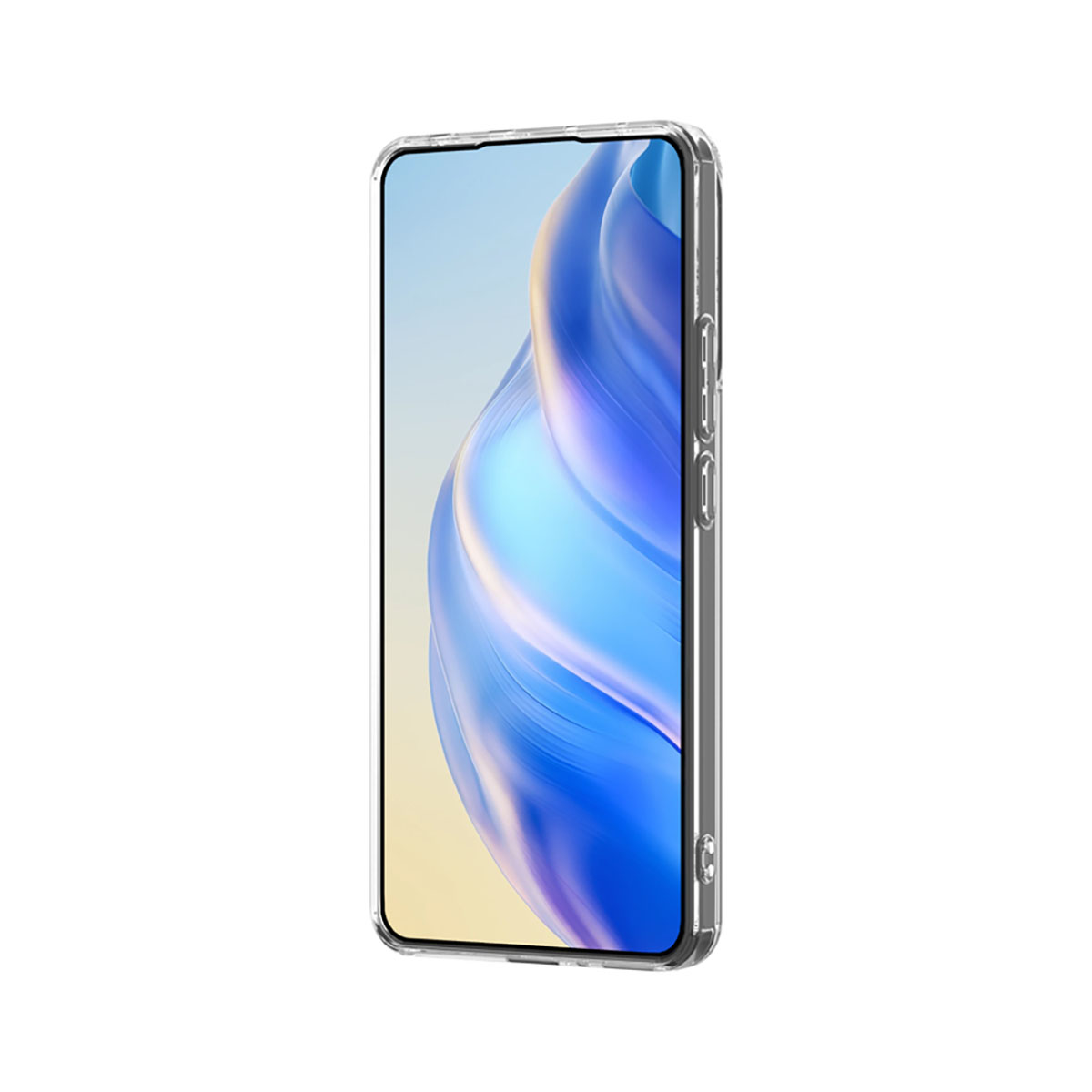 Smartphone in una custodia trasparente, vista laterale. Mostra lo schermo con sfondo astratto blu e bianco.