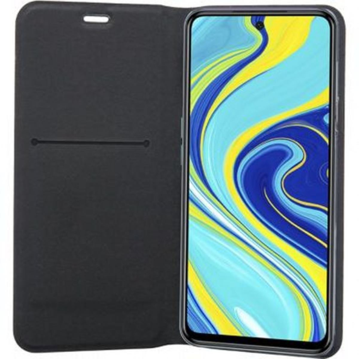 Custodia nera per telefono, aperta per mostrare un telefono. Il telefono ha uno schermo blu e giallo.