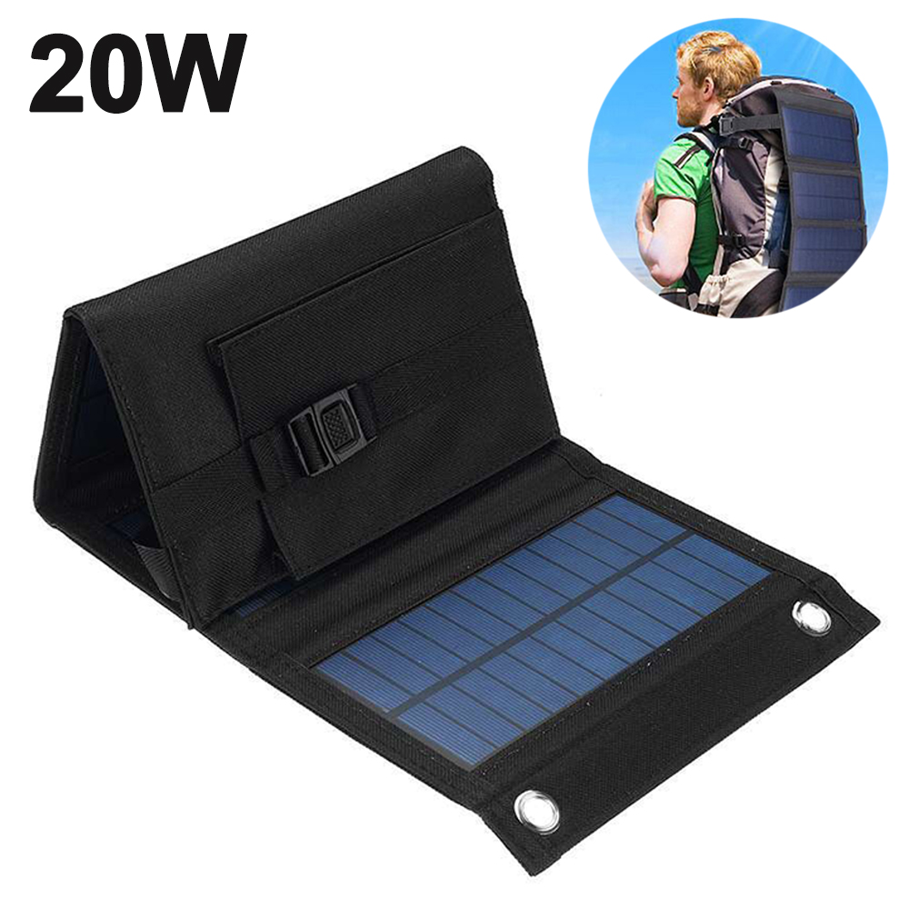 Schwarzes faltbares Solarpanel mit einem Mann mit Rucksack. Text: 20W.
