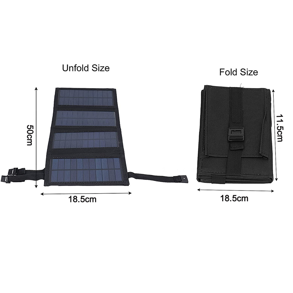 Faltbares Solarpanel, das die entfalteten und gefalteten Größen in Zentimetern zeigt.