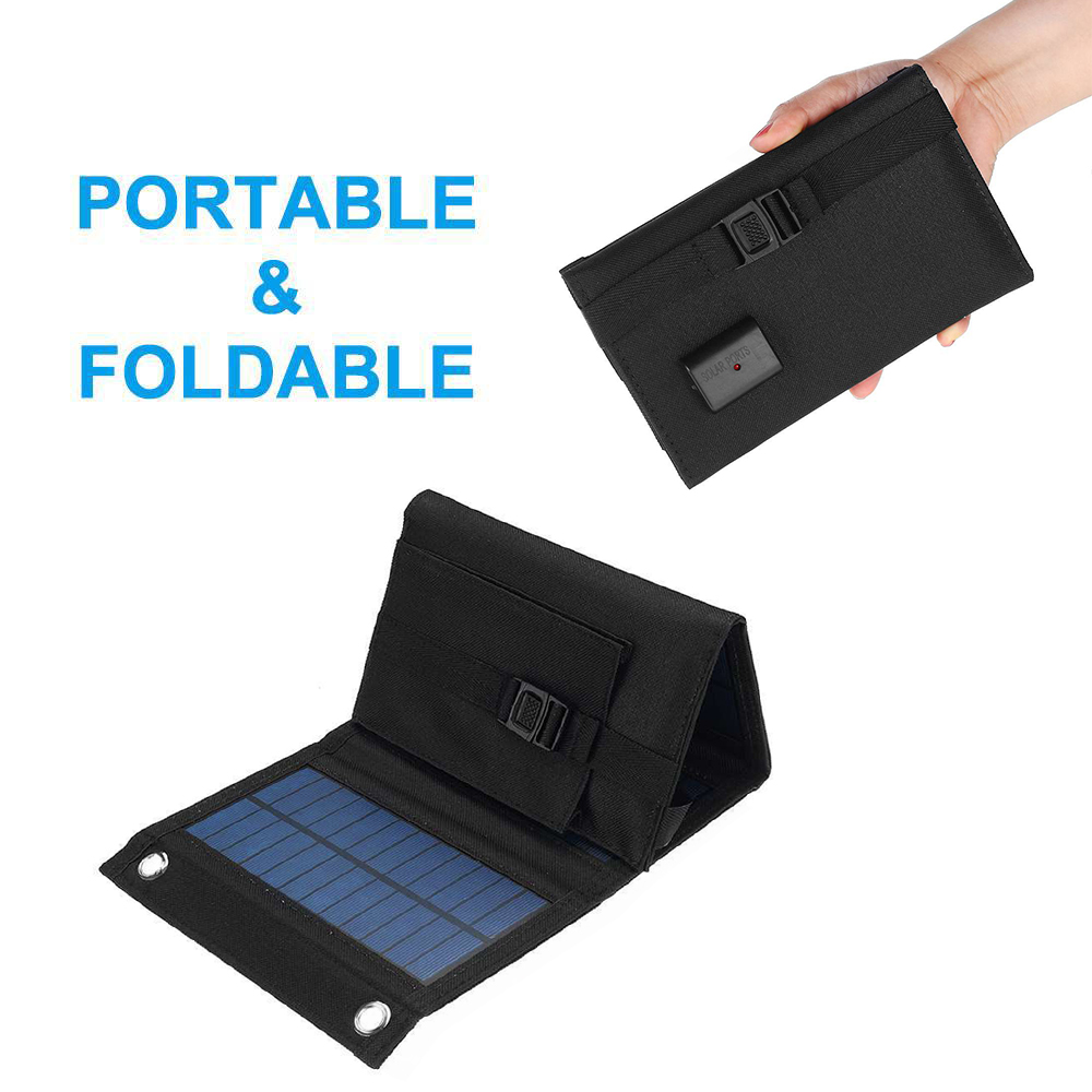 Faltbares Solarpanel, schwarz, offen und geschlossen, blaue Solarzellen zeigend, weißer Hintergrund.