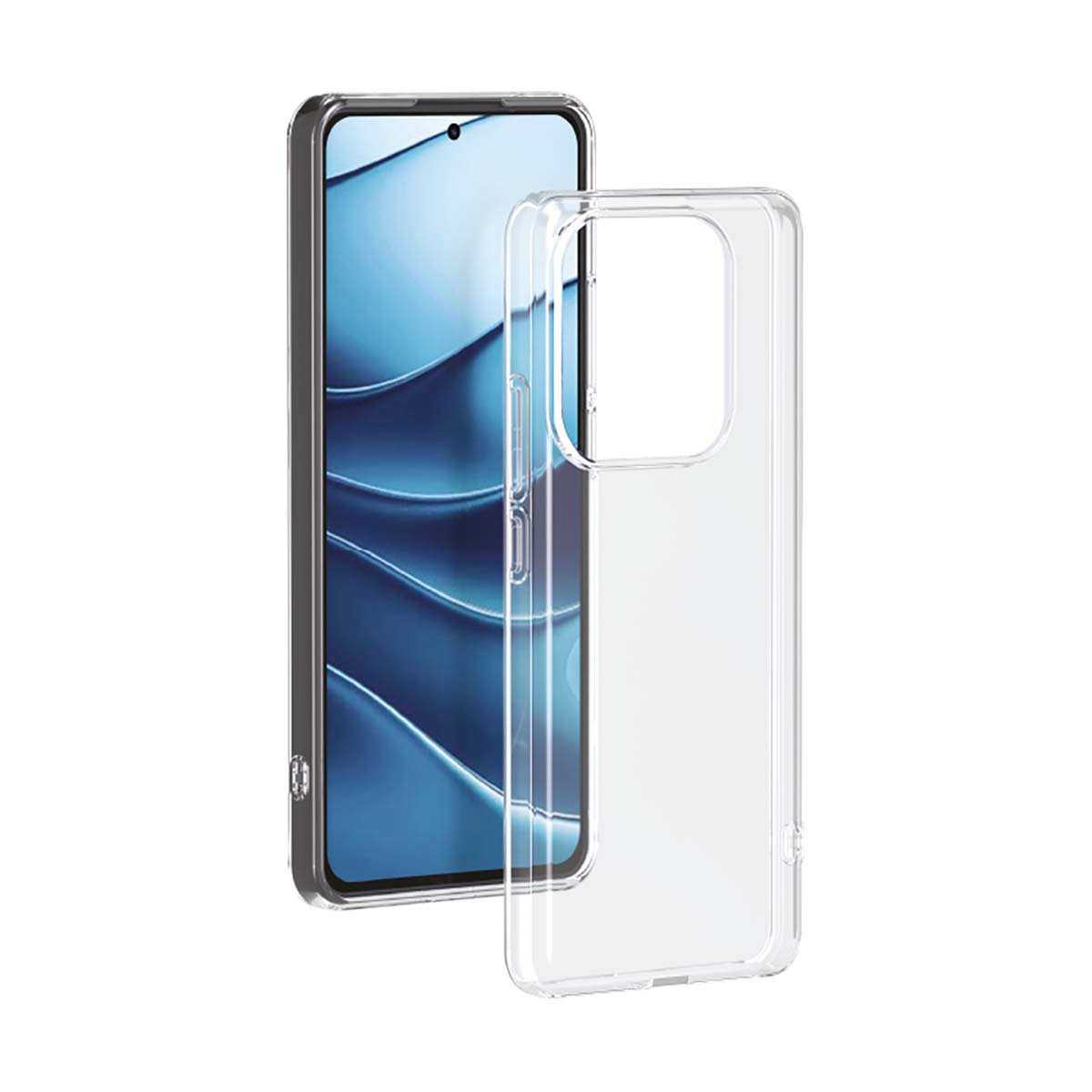 Coque de téléphone transparente avec un téléphone à l'intérieur. Fond blanc.