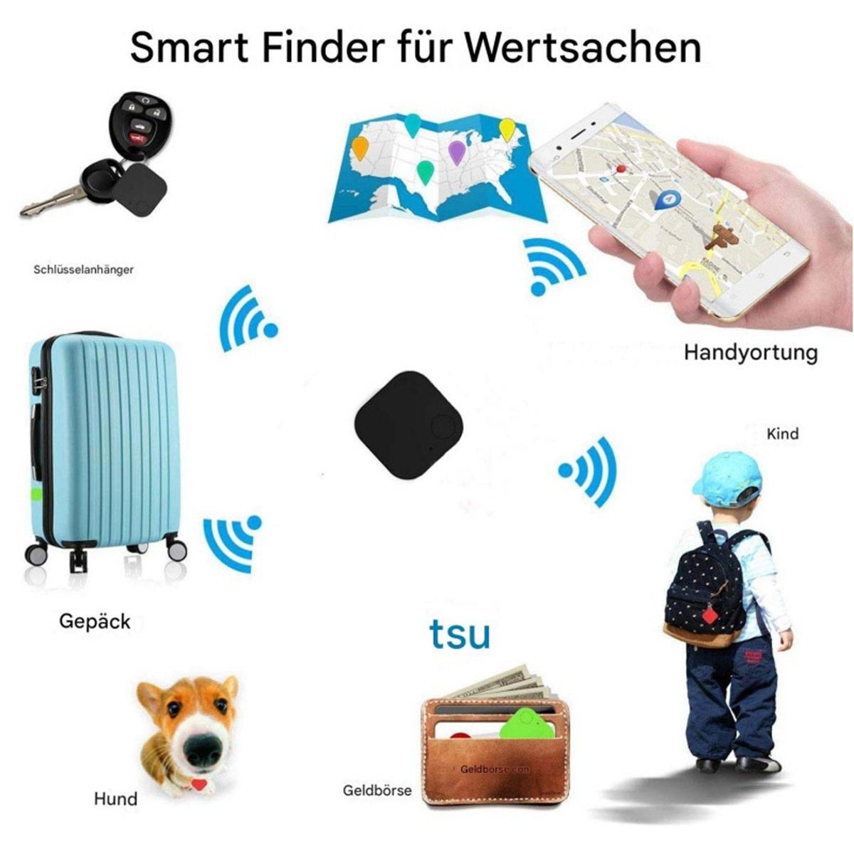 Eine Collage von Gegenständen mit einem schwarzen quadratischen Anhänger, darunter Schlüssel, ein Koffer und ein Kind.