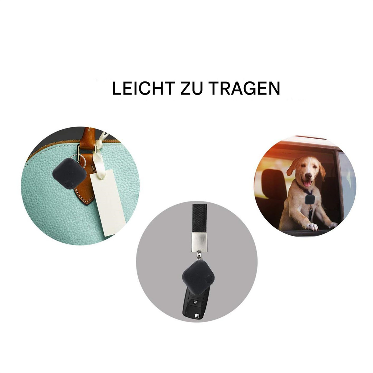 Drei Bilder: ein schwarzer Tracker an einer Handtasche, ein Tracker an einem Schlüsselanhänger und ein Welpe im Auto.