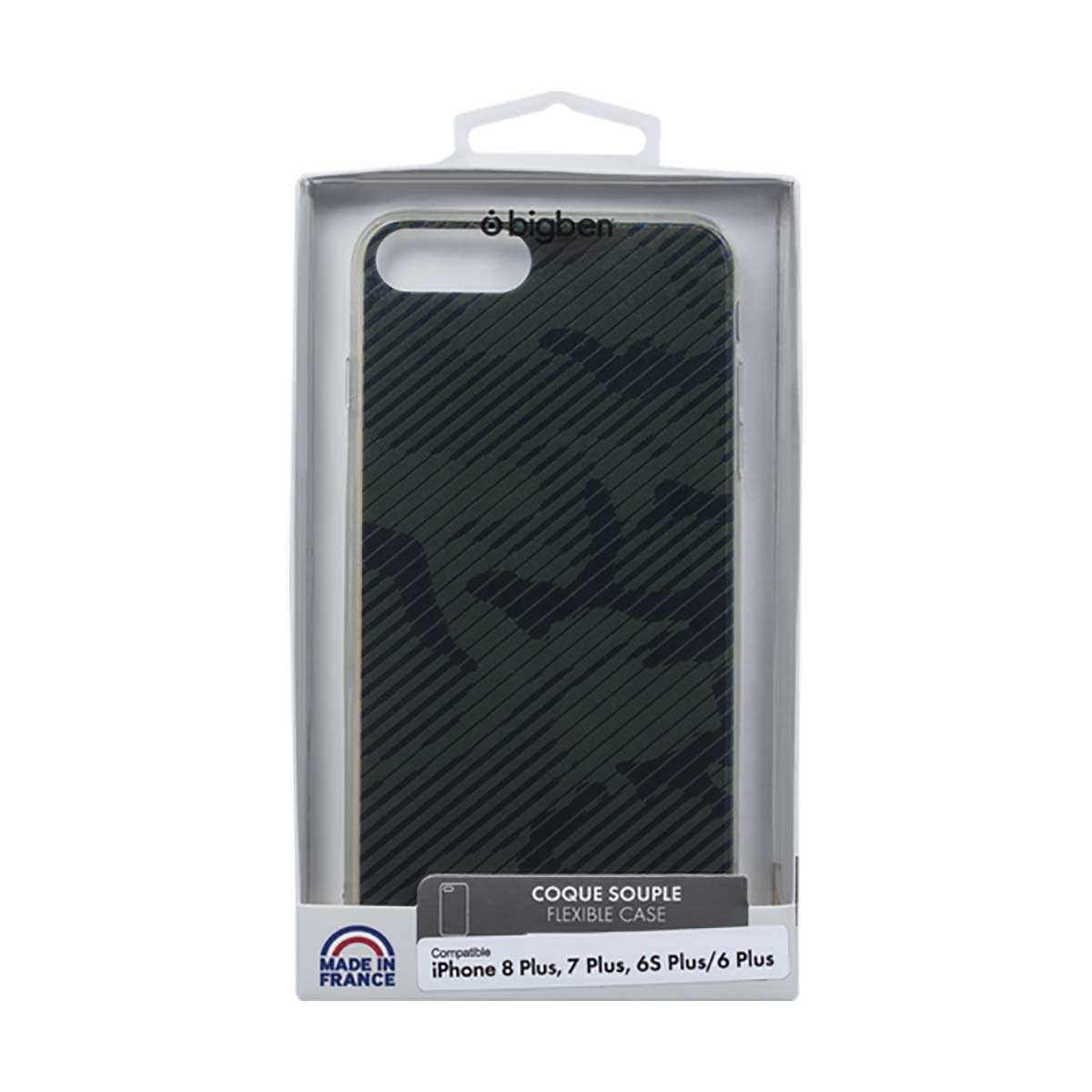 Custodia per telefono in confezione. Design mimetico nero e verde. Compatibile con iPhone 8 Plus, 7 Plus, 6S Plus e 6 Plus.
