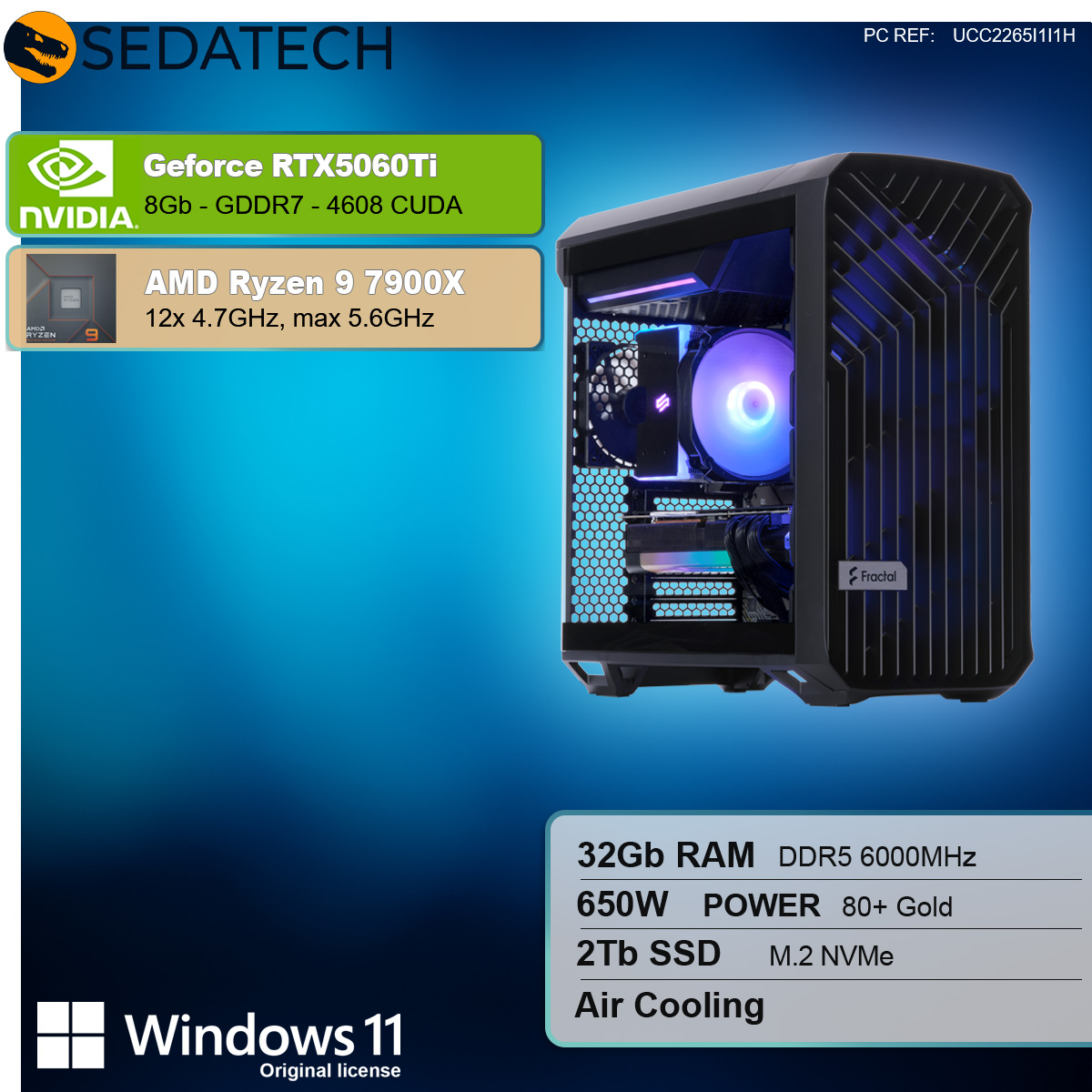 Computer mit Komponenten: RTX 5060Ti, AMD Ryzen 9, 32GB RAM, 2TB SSD, Windows 11.